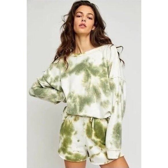 NWT Free People Green White Tie Dye Sweater Shorts Lounge Set | Athleisure Boho - Picture 11 of 15